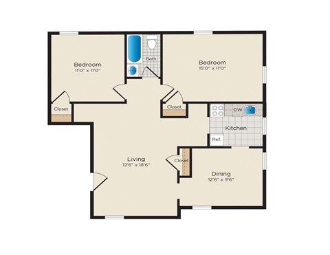 Floor plan for 2 beds, 1 bath, 784 sqft